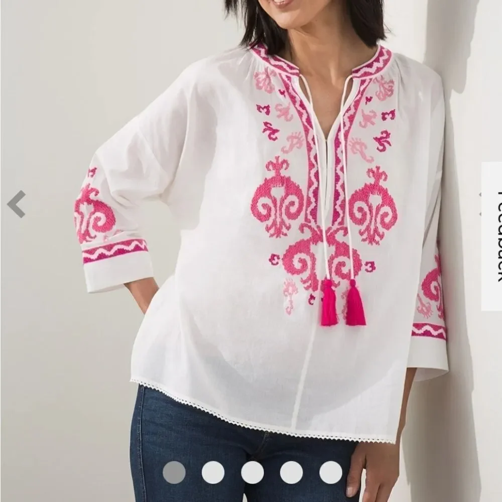 Chico's Embroidered Tie Neck Peasant Top